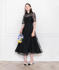 ハイネック花柄レースウエストマーク透けロングドレスワンピース美脚効果結婚式 パーティードレス