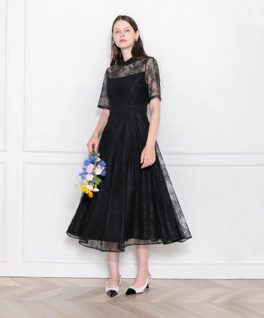 ハイネック花柄レースウエストマーク透けロングドレスワンピース美脚効果結婚式 パーティードレス