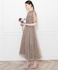 ハイネック花柄レースウエストマーク透けロングドレスワンピース美脚効果結婚式 パーティードレス