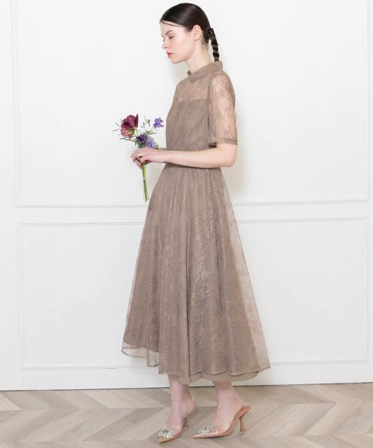 ハイネック花柄レースウエストマーク透けロングドレスワンピース美脚効果結婚式 パーティードレス