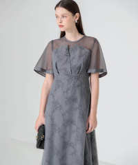 花柄刺繍オーガンジーレース切替えビスチェ風チュールロング丈美脚効果ドレス結婚式 パーティードレス