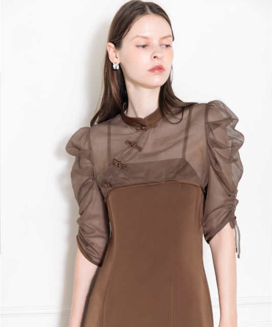 LEJA-透け感チャイナトップス付きロング丈キャミソールセットアップワンピースドレス美脚効果結婚式 パーティードレス