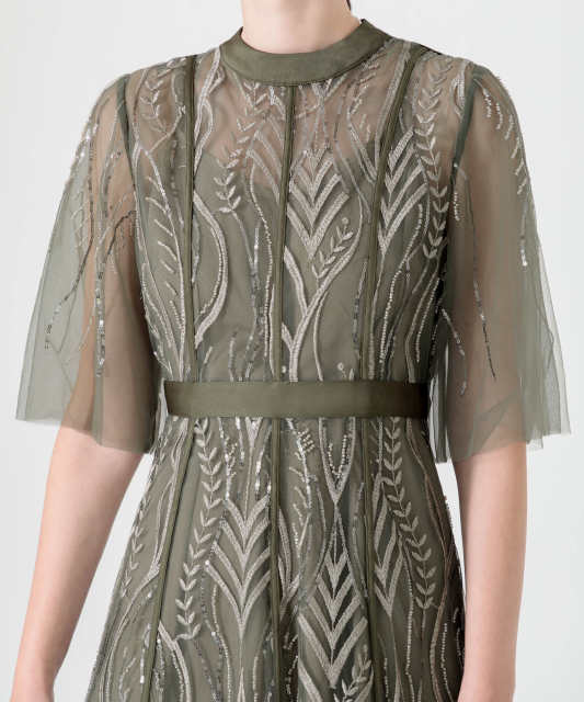 スパンコール刺繍レースプチハイネックフリルロングドレスワンピース美脚効果結婚式 パーティードレス