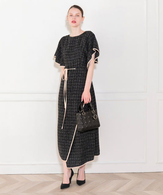 ウエストリボンツイード柄フレア半袖配色パイピングロングドレス  