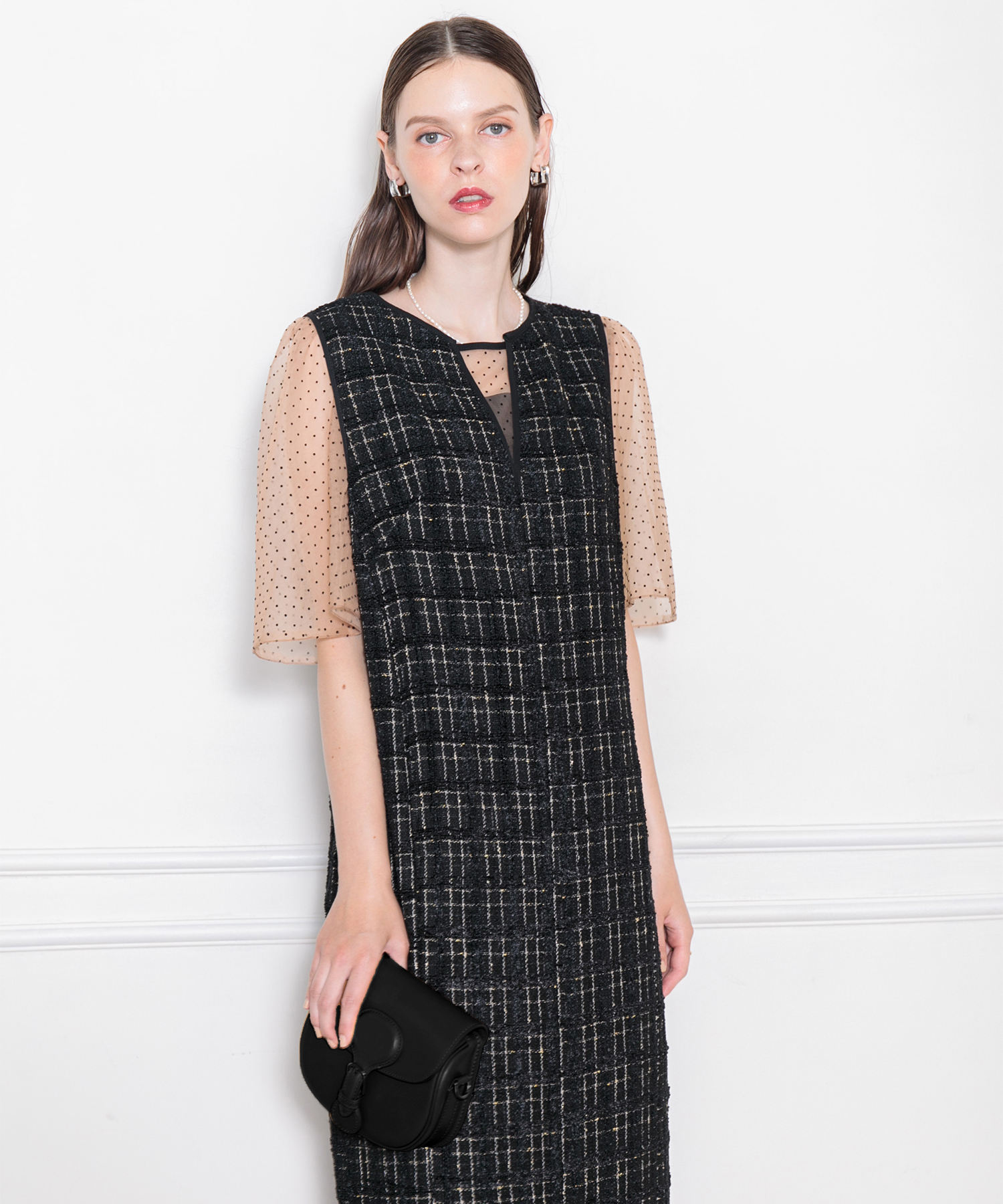 LEJA-インナーシアーブラウスセット刺繍チェックジャンスカロング丈ドレスワンピース美脚効果結婚式 パーティードレス