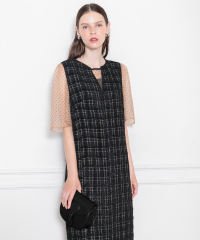 LEJA-インナーシアーブラウスセット刺繍チェックジャンスカロング丈ドレスワンピース美脚効果結婚式 パーティードレス