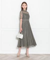 ハイネック花柄レースウエストマーク透けロングドレスワンピース美脚効果結婚式 パーティードレス