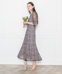 LEJA-配色パイピング総レース花柄パフスリーブワンピースロングドレス美脚効果結婚式 パーティードレス