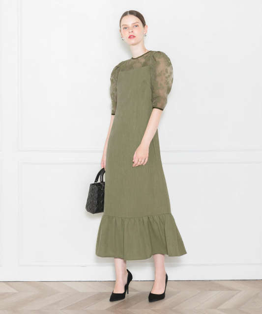LEJA-花柄レースパフスリーブ裾フレア異素材切替ワンピース美脚効果ドレス結婚式 パーティードレス