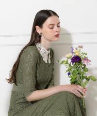 レースビッグカラー花柄刺繍ウエストマークロングフレアドレスワンピース美脚効果結婚式 パーティードレス