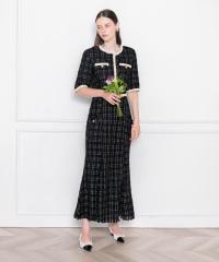 LEJA-ツイード柄半袖ジャケット釦セットアップロング丈マーメイドスカートドレス美脚効果結婚式 パーティードレス