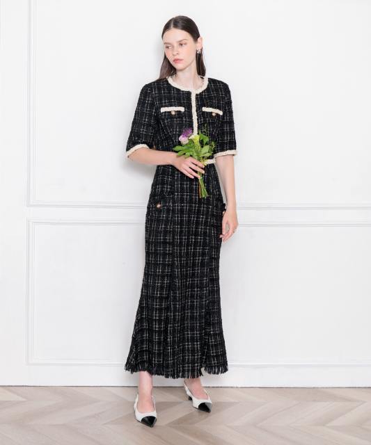 LEJA-ツイード柄半袖ジャケット釦セットアップロング丈マーメイドスカートドレス美脚効果結婚式 パーティードレス