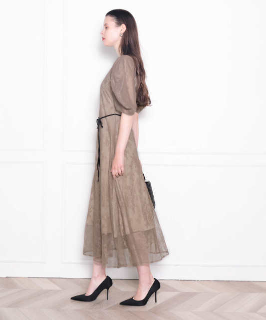 LEJA-パフスリーブウエストリボン総レースロングドレスワンピース美脚効果結婚式 パーティードレス