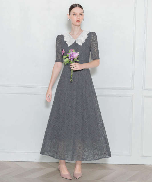 刺繍レース襟付きハイウエスト切り替えAラインワンピース美脚効果  