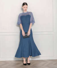 LEJA-レイヤード風異素材シアー切り替えワッフル生地美脚効果ドレス結婚式 パーティードレス