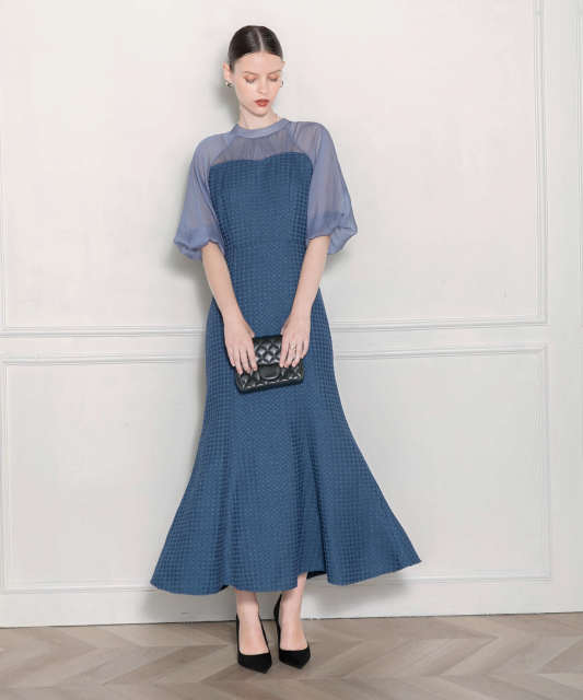 LEJA-レイヤード風異素材シアー切り替えワッフル生地美脚効果ドレス結婚式 パーティードレス