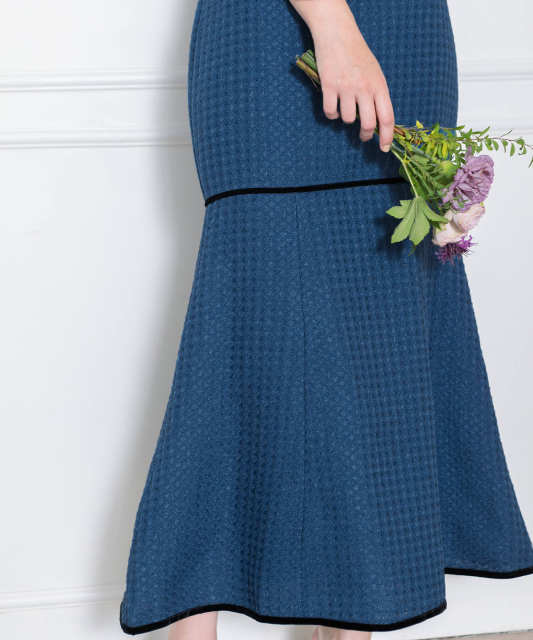 ワッフル生地パフスリーブ配色パイピングマーメイドロング丈ドレス  