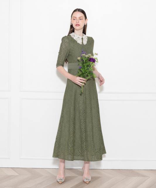 レースビッグカラー花柄刺繍ウエストマークロングフレアドレスワンピース美脚効果結婚式 パーティードレス