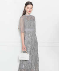 LEJA-スパンコール刺繍レースプチハイネックフリルロングドレスワンピース美脚効果結婚式 パーティードレス