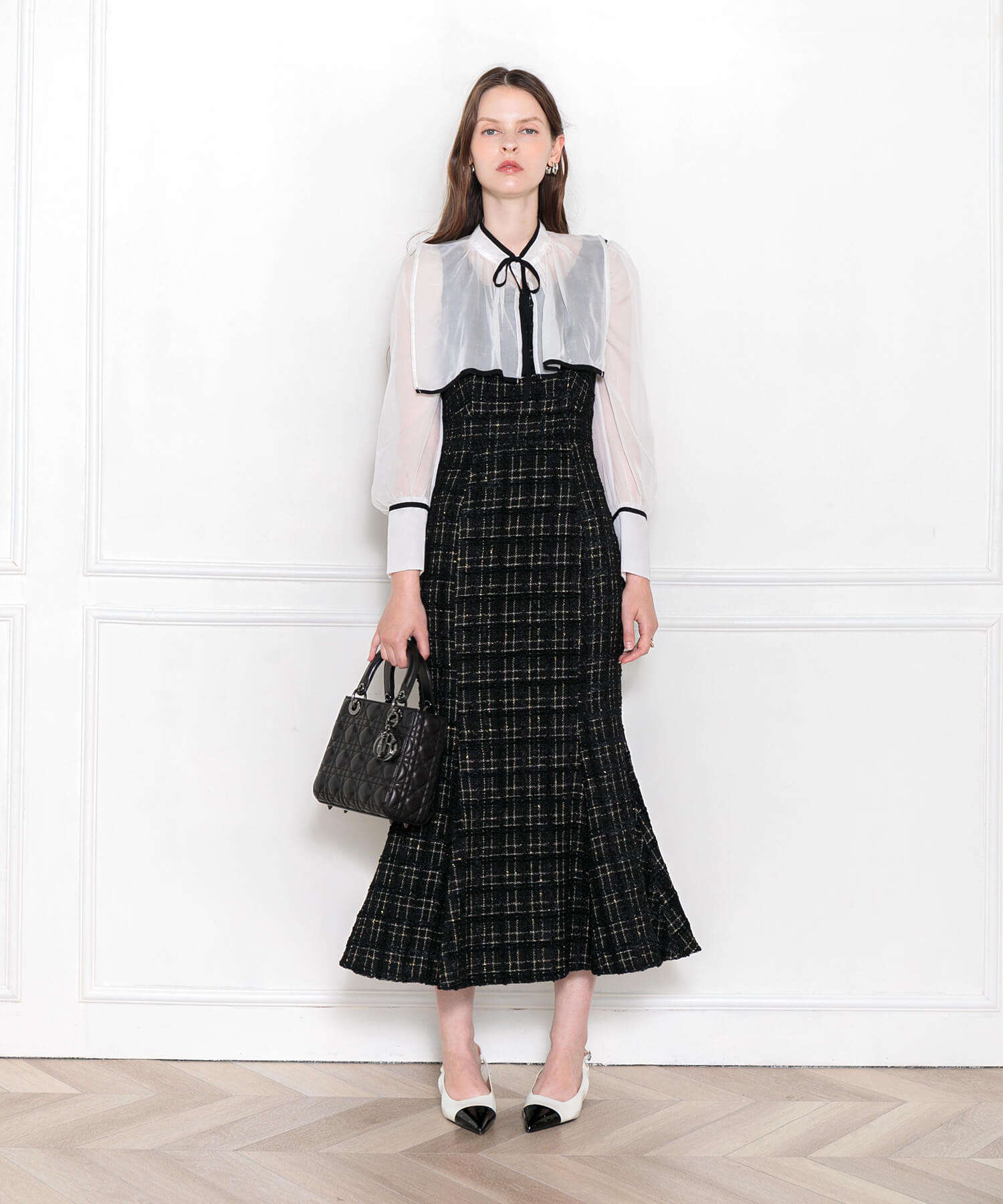 LEJA-2WAY襟付き異素材マーメードロングドレスワンピース美脚効果結婚式 パーティードレス