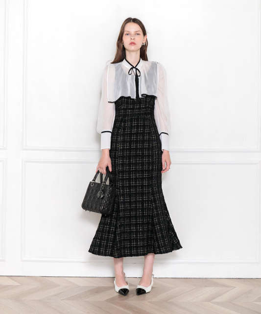 LEJA-2WAY襟付き異素材マーメードロングドレスワンピース美脚効果結婚式 パーティードレス