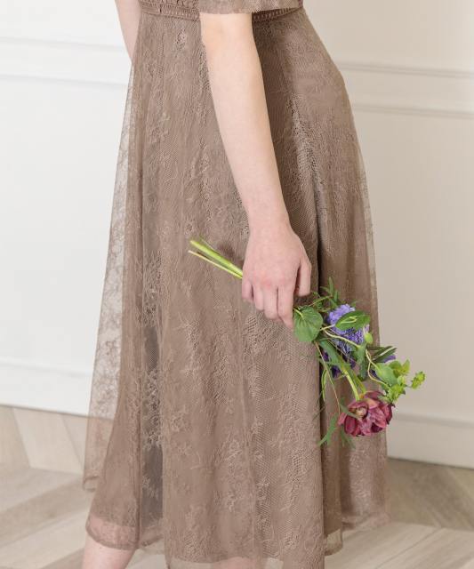ハイネック花柄レースウエストマーク透けロングドレスワンピース美脚効果結婚式 パーティードレス
