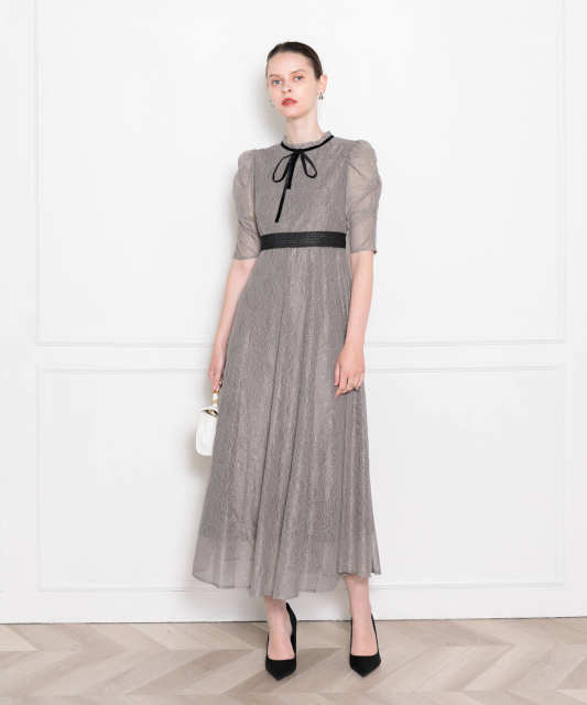 LEJA-ウエストマークパフスリーブ総レースロングドレスワンピース美脚効果結婚式 パーティードレス