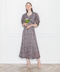 LEJA-配色パイピング総レース花柄パフスリーブワンピースロングドレス美脚効果結婚式 パーティードレス