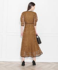 配色パイピング総レース花柄パフスリーブワンピースロングドレス美脚効果結婚式 パーティードレス