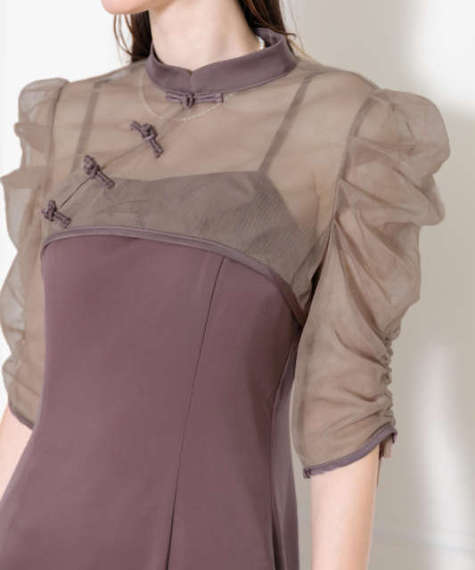 透け感チャイナトップス付きロング丈キャミソールセットアップ  