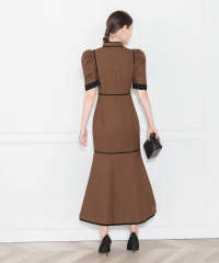 LEJA-ワッフル生地パフスリーブ配色パイピングマーメイドロング丈ドレスワンピース美脚効果結婚式 パーティードレス