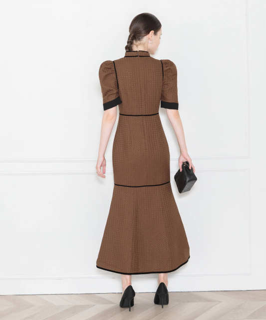 LEJA-ワッフル生地パフスリーブ配色パイピングマーメイドロング丈ドレスワンピース美脚効果結婚式 パーティードレス