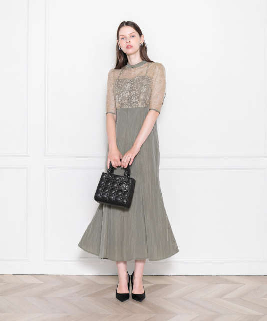 LEJA-レース花柄透け切り替えロング丈マーメイドフレアドレスワンピース結婚式 パーティードレス