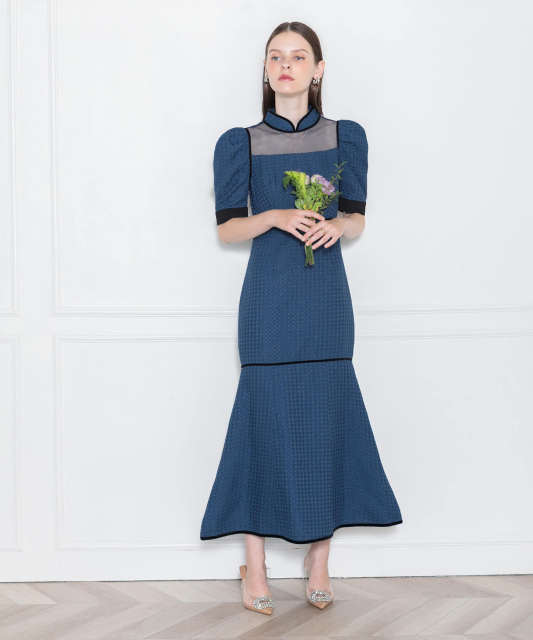 LEJA-ワッフル生地パフスリーブ配色パイピングマーメイドロング丈ドレスワンピース美脚効果結婚式 パーティードレス