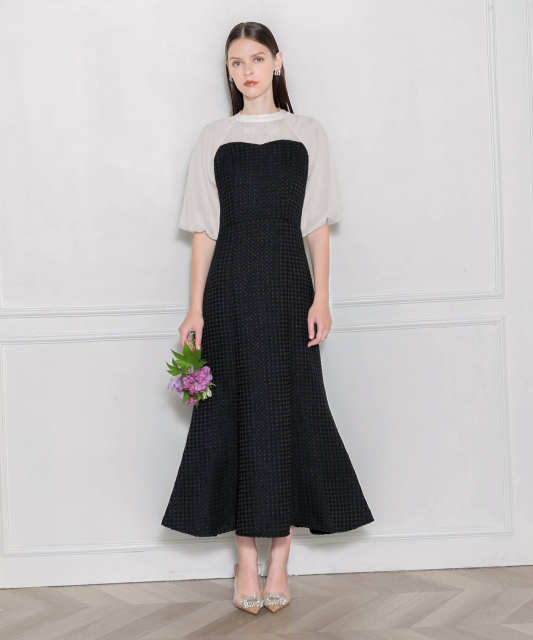 LEJA-レイヤード風異素材シアー切り替えワッフル生地美脚効果ドレス結婚式 パーティードレス