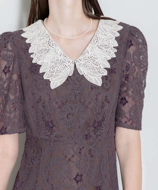 刺繍レース襟付きハイウエスト切り替えAラインワンピース美脚効果  