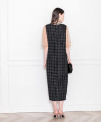 LEJA-インナーシアーブラウスセット刺繍チェックジャンスカロング丈ドレスワンピース美脚効果結婚式 パーティードレス