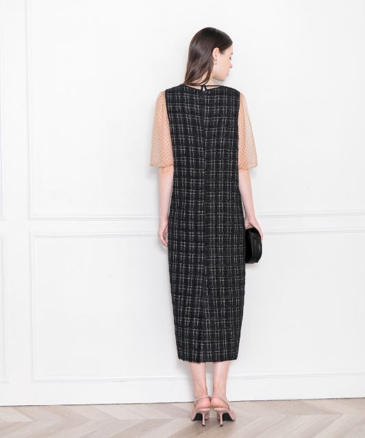 LEJA-インナーシアーブラウスセット刺繍チェックジャンスカロング丈ドレスワンピース美脚効果結婚式 パーティードレス