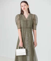 LEJA-花柄総レースパフスリーブウエストリボンキャミワンピースセットアップ美脚効果ドレス結婚式 パーティードレス