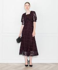 配色パイピング総レース花柄パフスリーブワンピースロングドレス美脚効果結婚式 パーティードレス