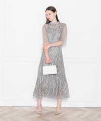 LEJA-スパンコール刺繍レースプチハイネックフリルロングドレスワンピース美脚効果結婚式 パーティードレス