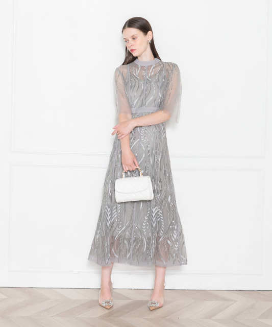 LEJA-スパンコール刺繍レースプチハイネックフリルロングドレスワンピース美脚効果結婚式 パーティードレス