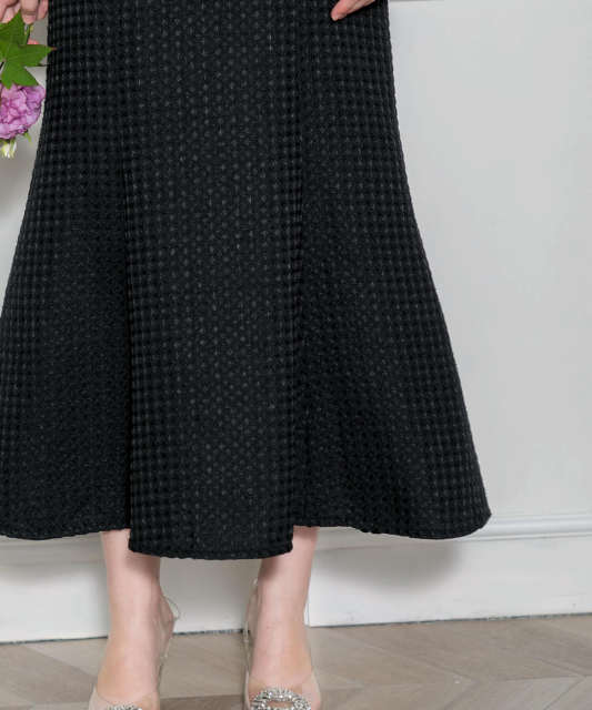 LEJA-レイヤード風異素材シアー切り替えワッフル生地美脚効果ドレス結婚式 パーティードレス