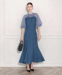 LEJA-レイヤード風異素材シアー切り替えワッフル生地美脚効果ドレス結婚式 パーティードレス