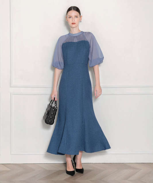 LEJA-レイヤード風異素材シアー切り替えワッフル生地美脚効果ドレス結婚式 パーティードレス