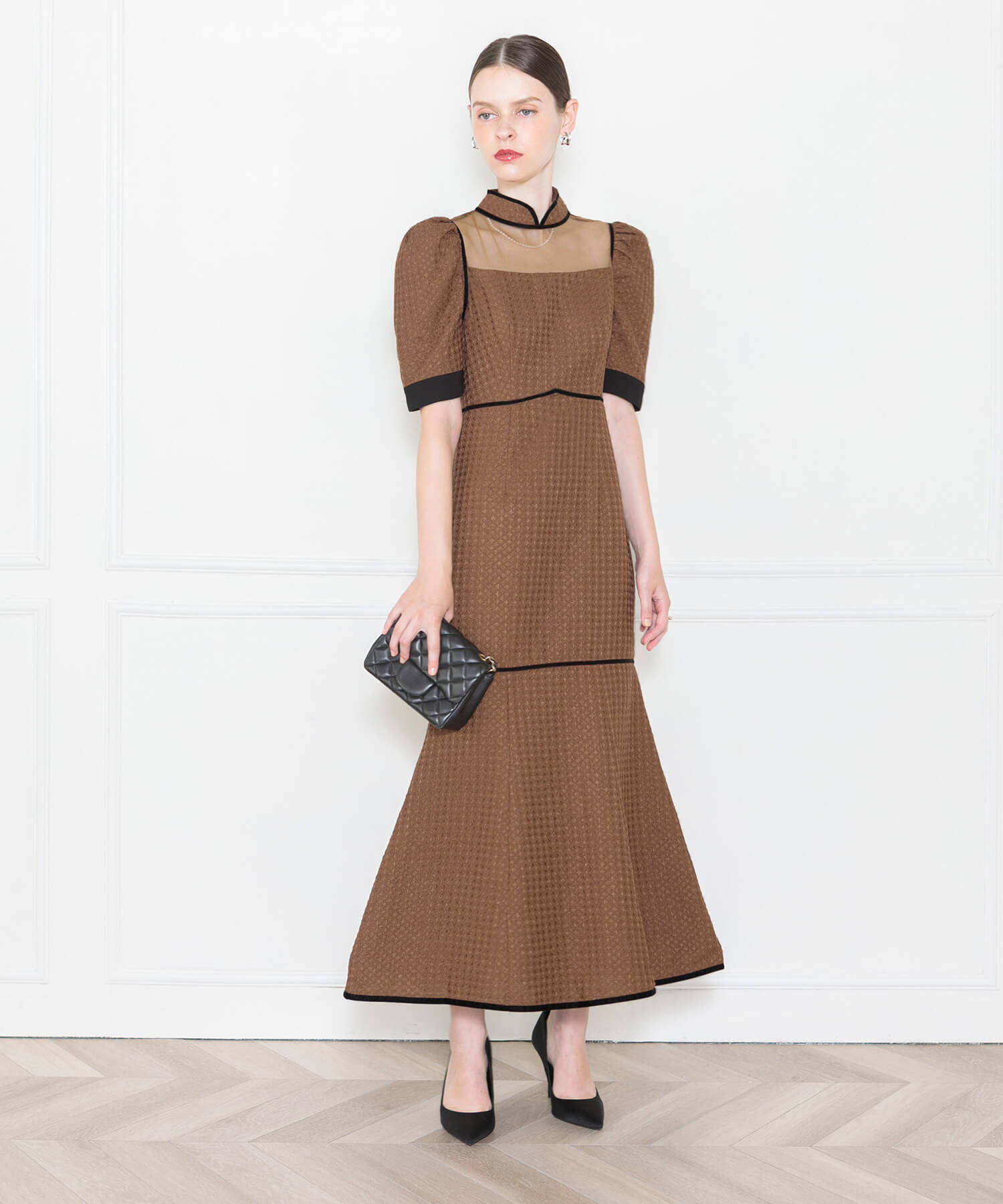 LEJA-ワッフル生地パフスリーブ配色パイピングマーメイドロング丈ドレスワンピース美脚効果結婚式 パーティードレス