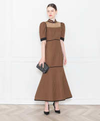 LEJA-ワッフル生地パフスリーブ配色パイピングマーメイドロング丈ドレスワンピース美脚効果結婚式 パーティードレス