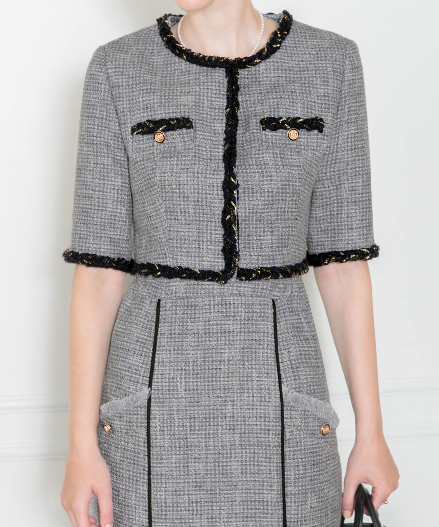 新品タグ付き】ツイード柄半袖ジャケット釦セットアップロング丈  