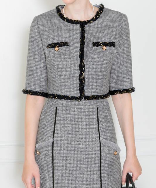 LEJA-ツイード柄半袖ジャケット釦セットアップロング丈マーメイドスカートドレス美脚効果結婚式 パーティードレス