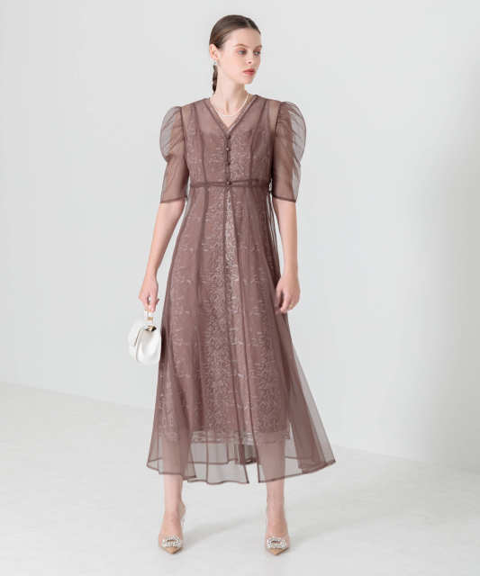 LEJA-花柄総レースパフスリーブウエストリボンキャミワンピースセットアップ美脚効果ドレス結婚式 パーティードレス